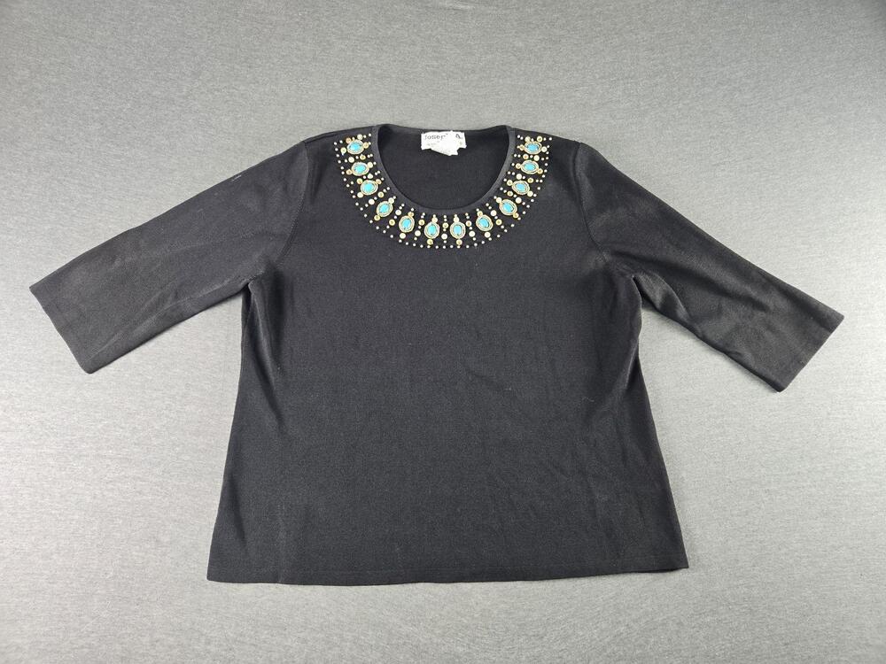 Joseph A. Blouse Womens 1X Black Beaded Turquoise Neck 3/4 Sleeve Knit Top